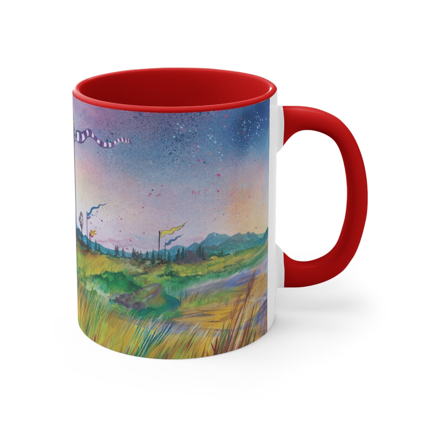Whimsical Winds Accent Mug – Colorful Landscape with Fluttering Banners