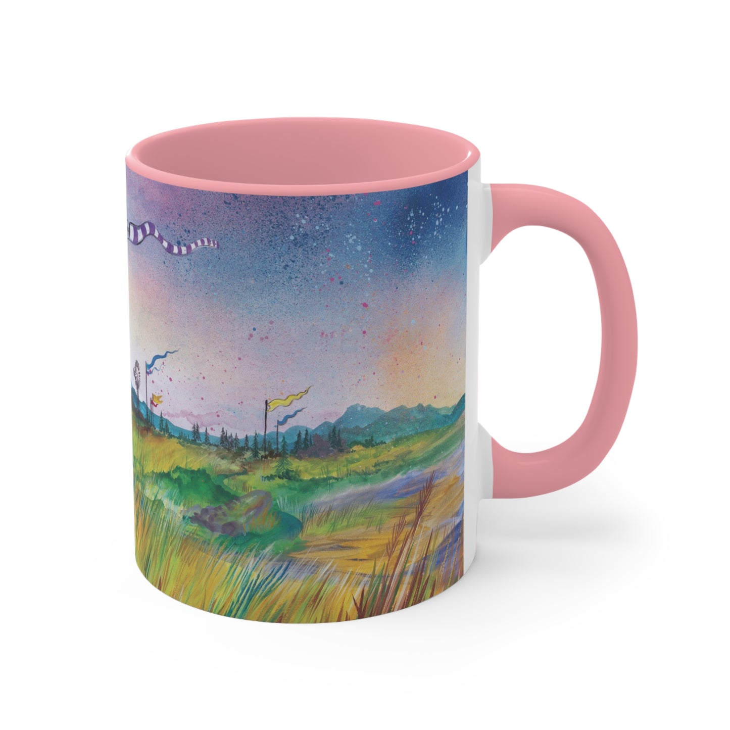 Whimsical Winds Accent Mug – Colorful Landscape with Fluttering Banners