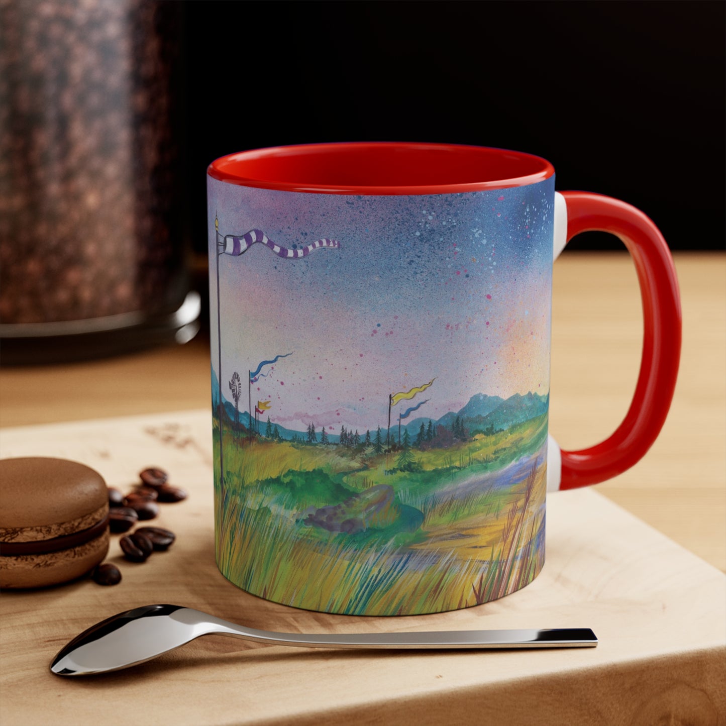 Whimsical Winds Accent Mug – Colorful Landscape with Fluttering Banners