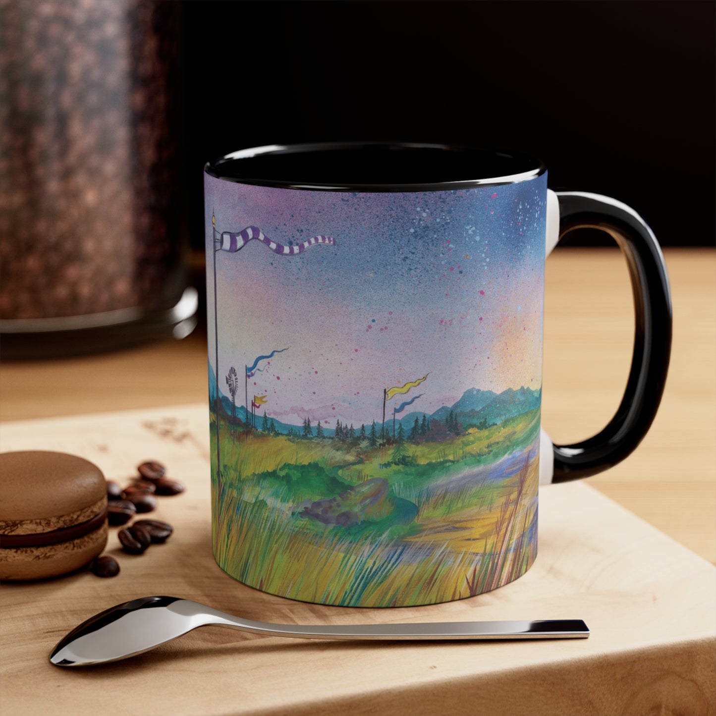 Whimsical Winds Accent Mug – Colorful Landscape with Fluttering Banners