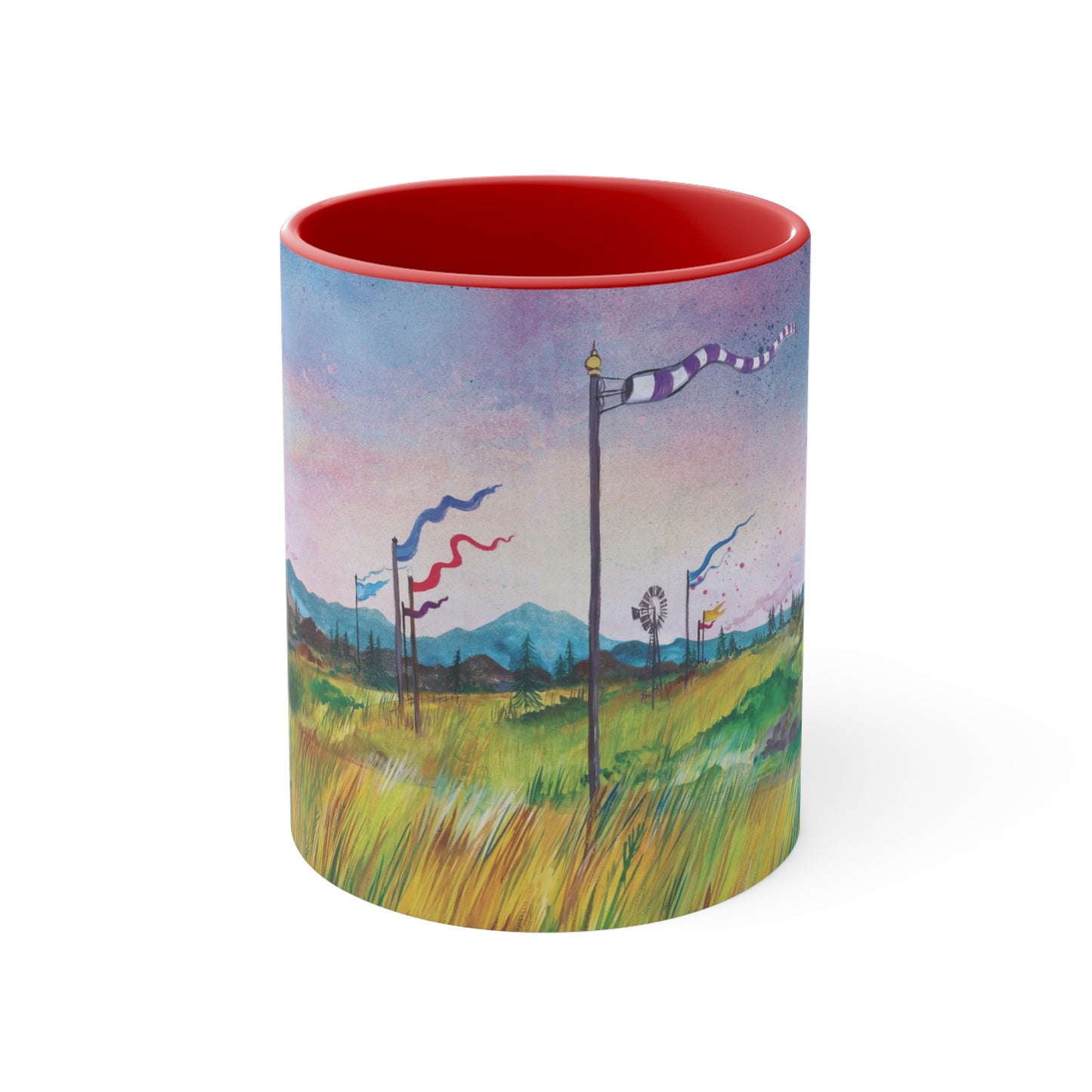 Whimsical Winds Accent Mug – Colorful Landscape with Fluttering Banners