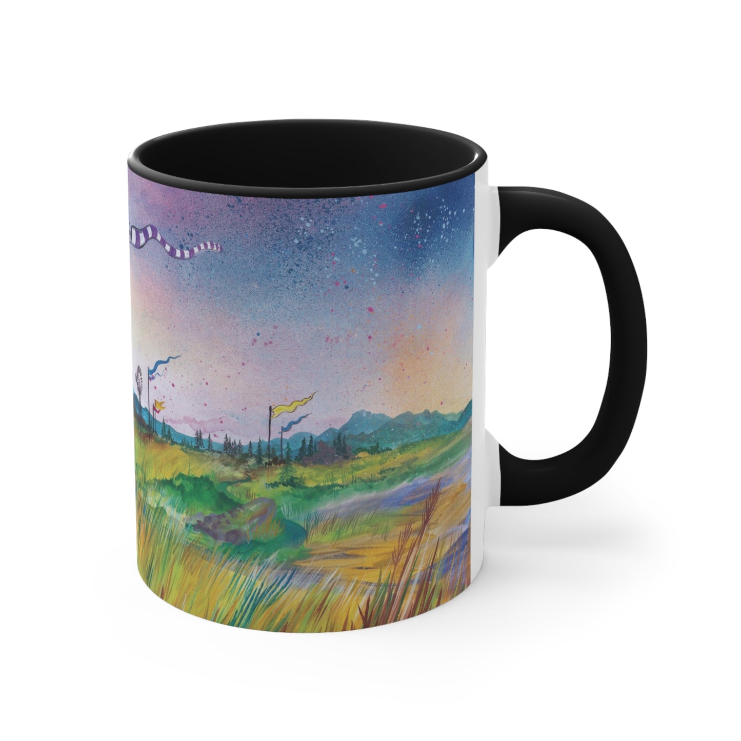 Whimsical Winds Accent Mug – Colorful Landscape with Fluttering Banners