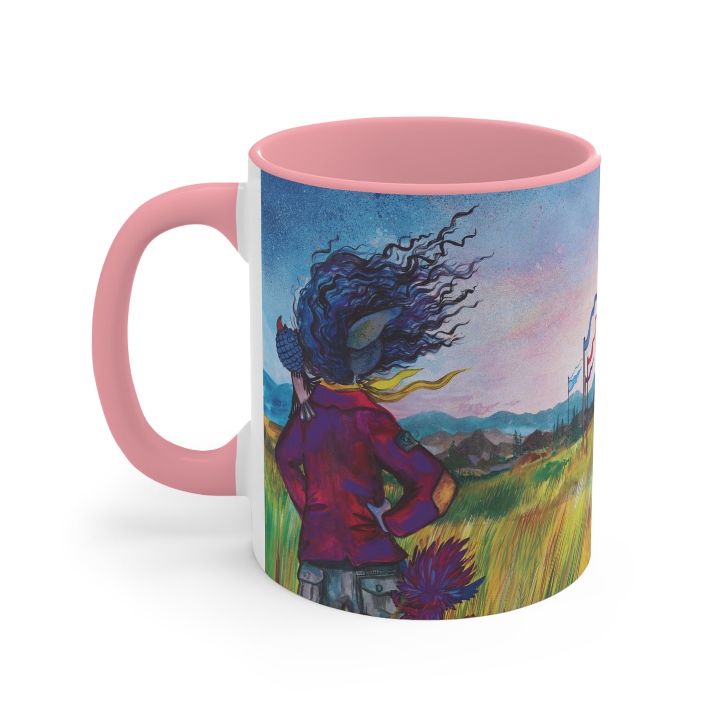 Whimsical Winds Accent Mug – Colorful Landscape with Fluttering Banners