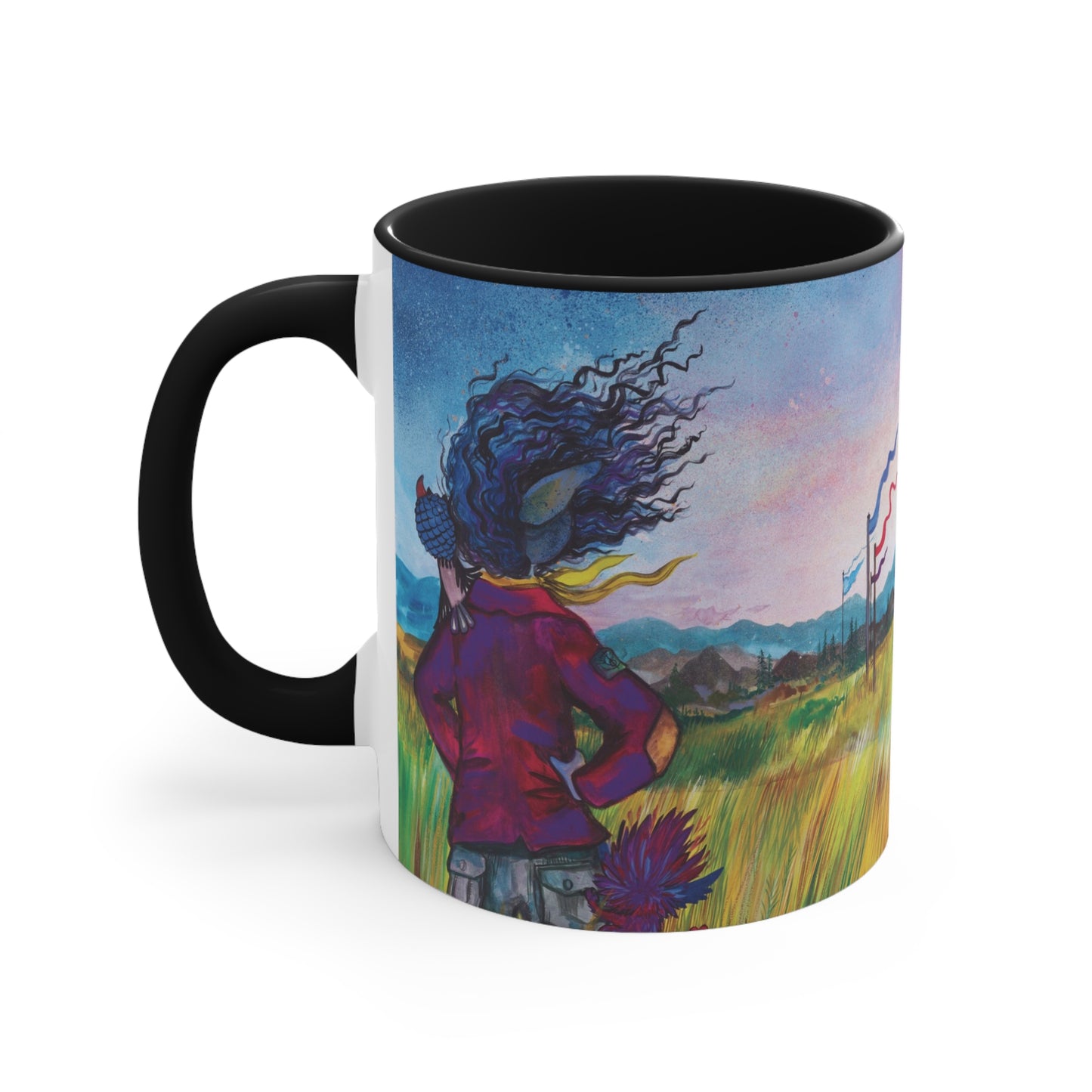 Whimsical Winds Accent Mug – Colorful Landscape with Fluttering Banners