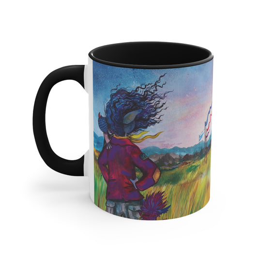 Whimsical Winds Accent Mug – Colorful Landscape with Fluttering Banners
