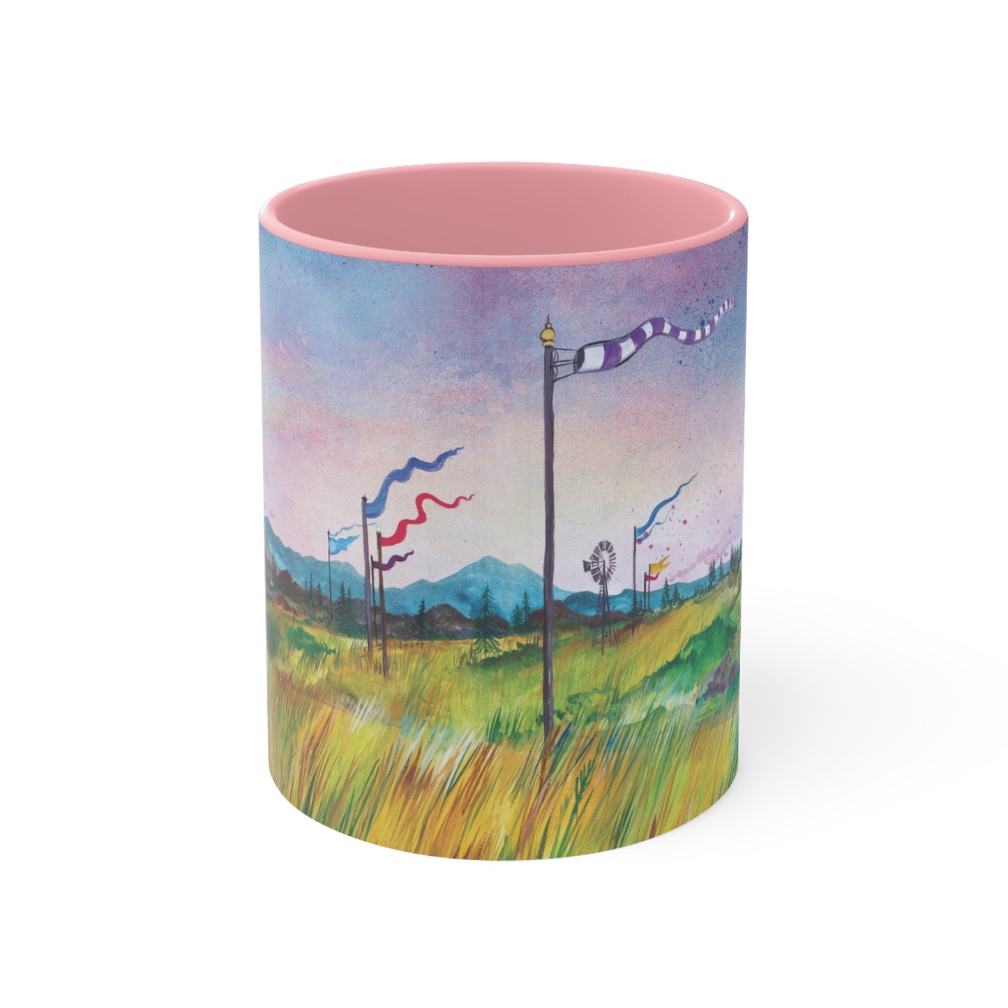 Whimsical Winds Accent Mug – Colorful Landscape with Fluttering Banners