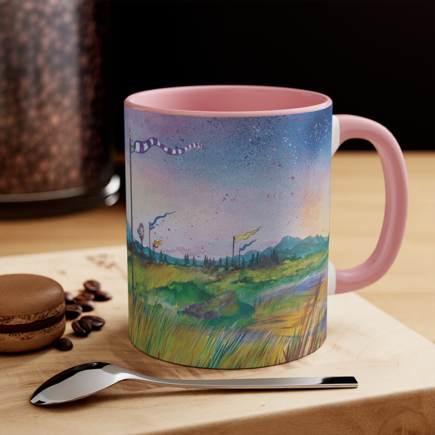 Whimsical Winds Accent Mug – Colorful Landscape with Fluttering Banners