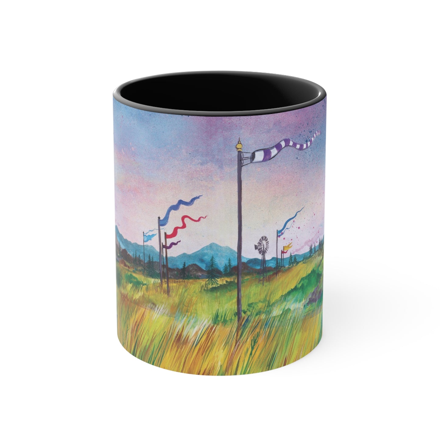 Whimsical Winds Accent Mug – Colorful Landscape with Fluttering Banners